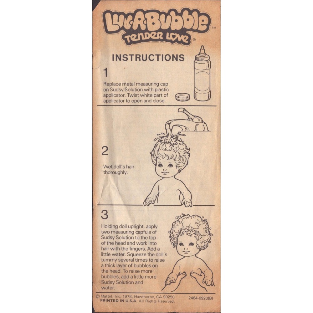 Vintage 1978 Mattel Luv-A-Bubble Tender Love Doll Instruction Sheet 2464-0920(B)